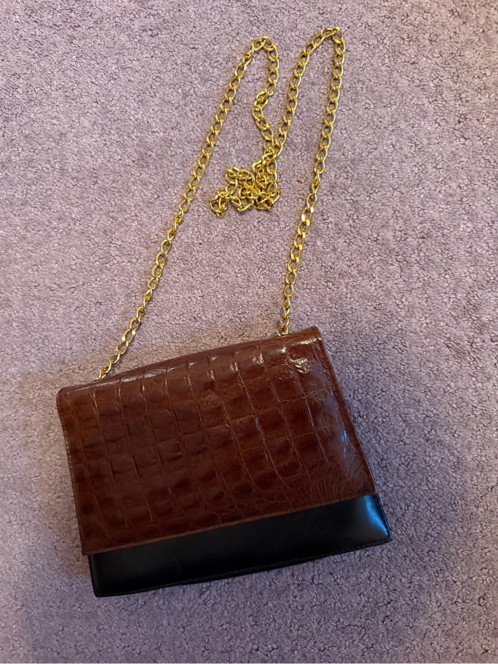 Brown Croc-Embossed Leather Crossbody Bag with Gold Chain